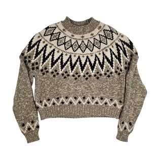 American Eagle Fair Isle Sweater Womens XS Tan Cream Marled Knit Mock Neck Boho
